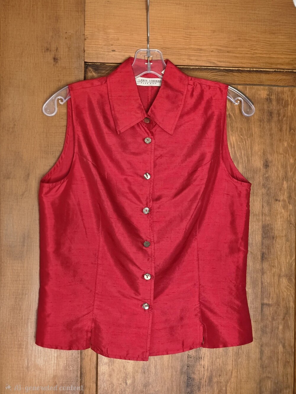 Valerie Stevens Pure Silk Shantung Sleeveless Blouse - Crimson Red - Size 4